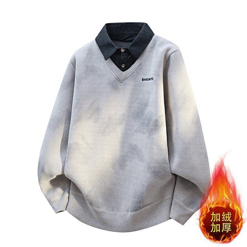 W25271-P60秋冬款翻领针织毛衣男潮牌加绒加厚卫衣外套时尚打底衫图片