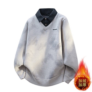 W25271-P60秋冬款翻领针织毛衣男潮牌加绒加厚卫衣外套时尚打底衫图片