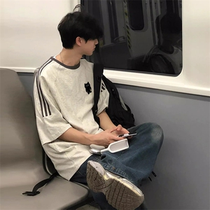 夏季美式高街重磅纯棉三条杠织带撞色男女短袖T恤ZD581-特P30图片