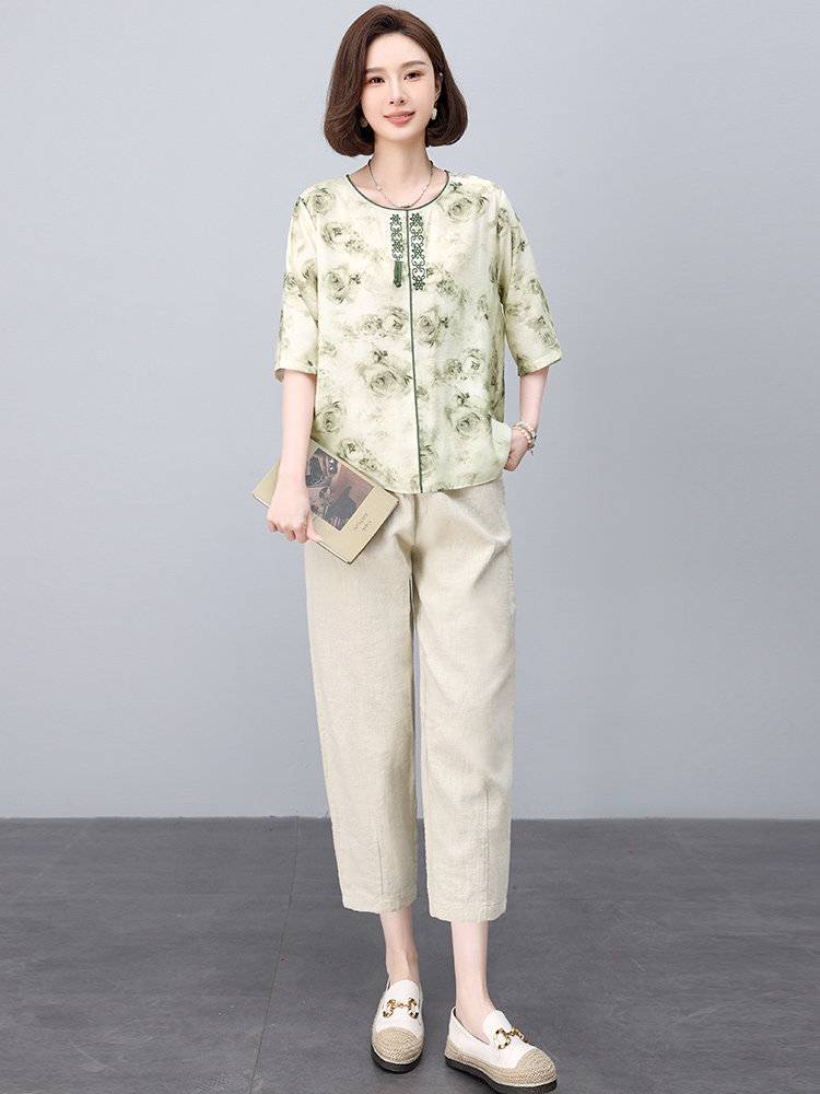 新中式国风印花套装女2025夏季新款妈妈宽松遮肚子减龄亚麻两件套,女装套装/套裙,依恋蒂丝