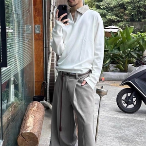 千鸟格拼接polo领卫衣老钱长袖t恤WY93-P45图片