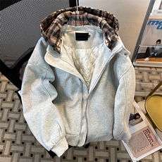 秋冬假两件格子连帽男女拉链上衣加厚夹棉外套JK08562-P93可拆帽，男装夹克，星座308B-1