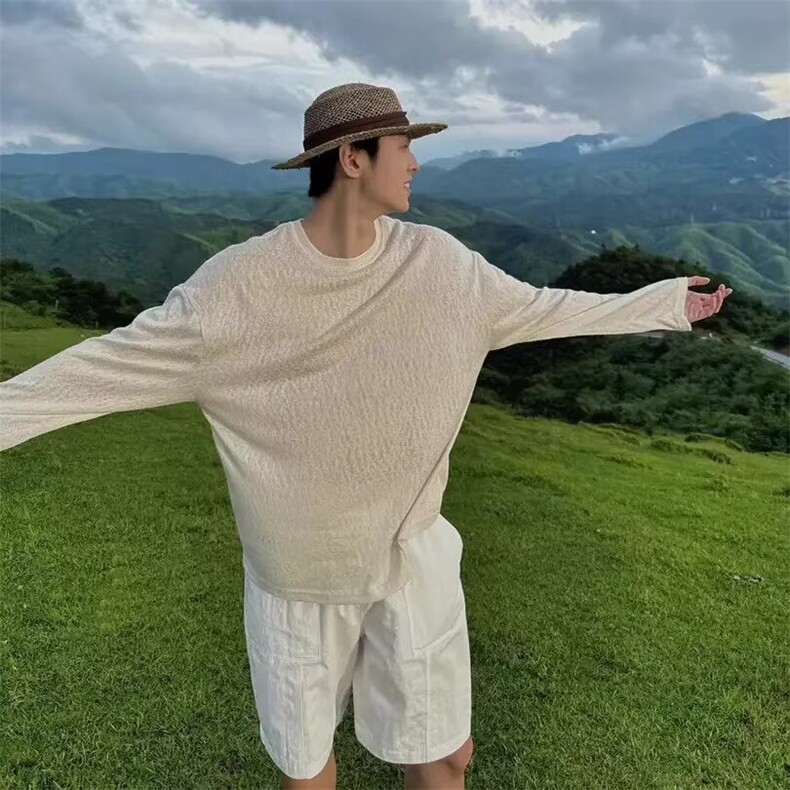 新贵老钱风长袖薄纱罩衫t恤男款夏季慵懒松弛高级感内搭打底上衣,男装T恤,星座218-1（原230）