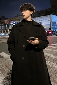 秋冬宽松毛呢大衣男港风中长款英伦风衣外套MN99995/P100加棉P110图片