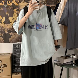 YT26173-P30亚麻短袖t恤男大码五分袖男宽松七分袖海报风，男装T恤，电商A040