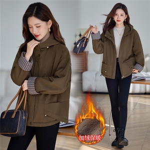 时尚休闲连帽加绒加厚外套女2025秋冬新款宽松显瘦工装派克服棉服图片
