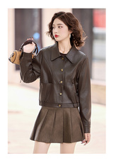 2025年秋季新款现货修身显瘦衬衫领皮衣外套，女装皮衣，臻衣坊