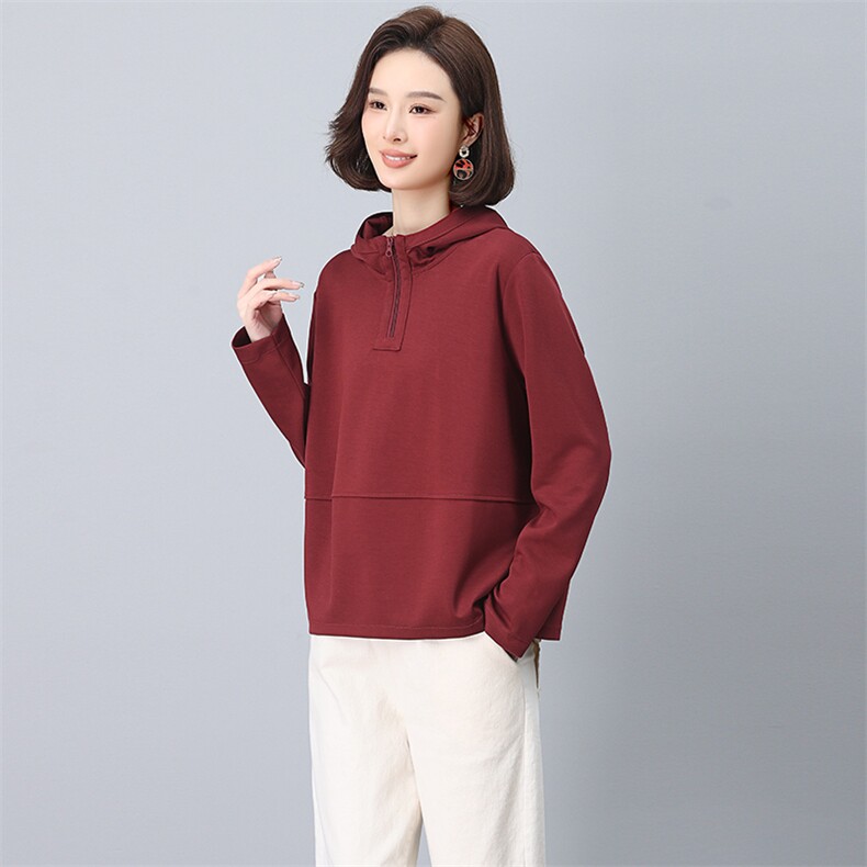 中年妈妈洋气减龄连帽卫衣女春秋装短款宽松大码胖mm拼接长袖上衣,女装卫衣/绒衫,阿丹