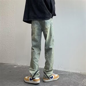 牛仔裤男秋季美式潮大码休闲裤子高街黄泥色环绕拉链B8117P45图片