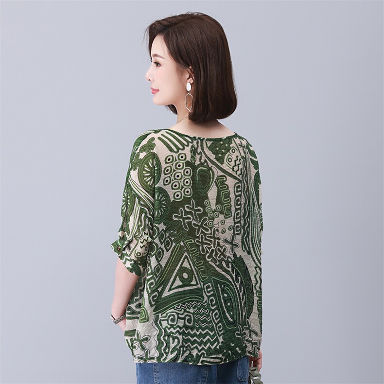时尚宽松印花系绳短袖上衣舒适百搭显瘦女装衬衫,女装衬衫,叶笙衣