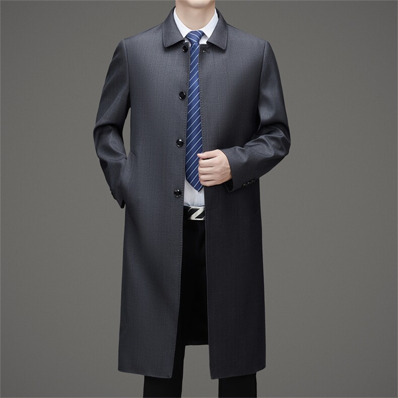 MJ8709春秋新款男士过膝加长风衣大翻领商务领导服男装纯色外套，男装风衣，电商B360A（原721A）