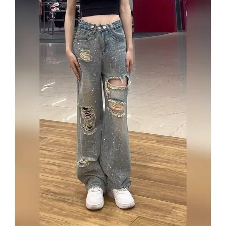 破洞阔腿牛仔裤新款大码胖妹妹梨型身材带钻烫钻显瘦直筒裤-网图,女装牛仔裤,星座302B-2