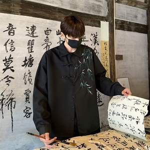 新中式风盘扣刺绣长袖衬衫男装唐装道袍衬衣外套春 CA66图片