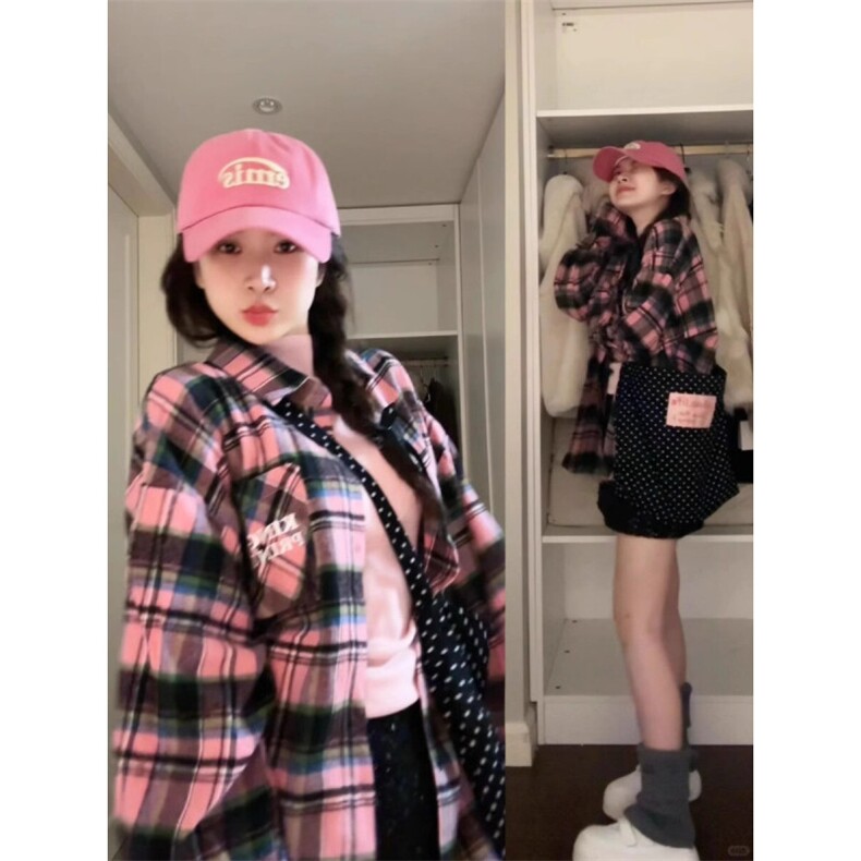 TC685-P45复古粉青色格纹衬衫女2026新款韩版气质ins衬衣，女装衬衫，星座617A-2