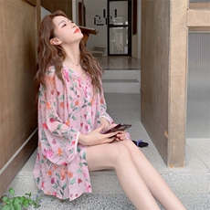 粉色轻薄印花防晒衬衫套装女2025夏季新款韩版减龄休闲短裤三件套，女装套装/套裙，卡莱
