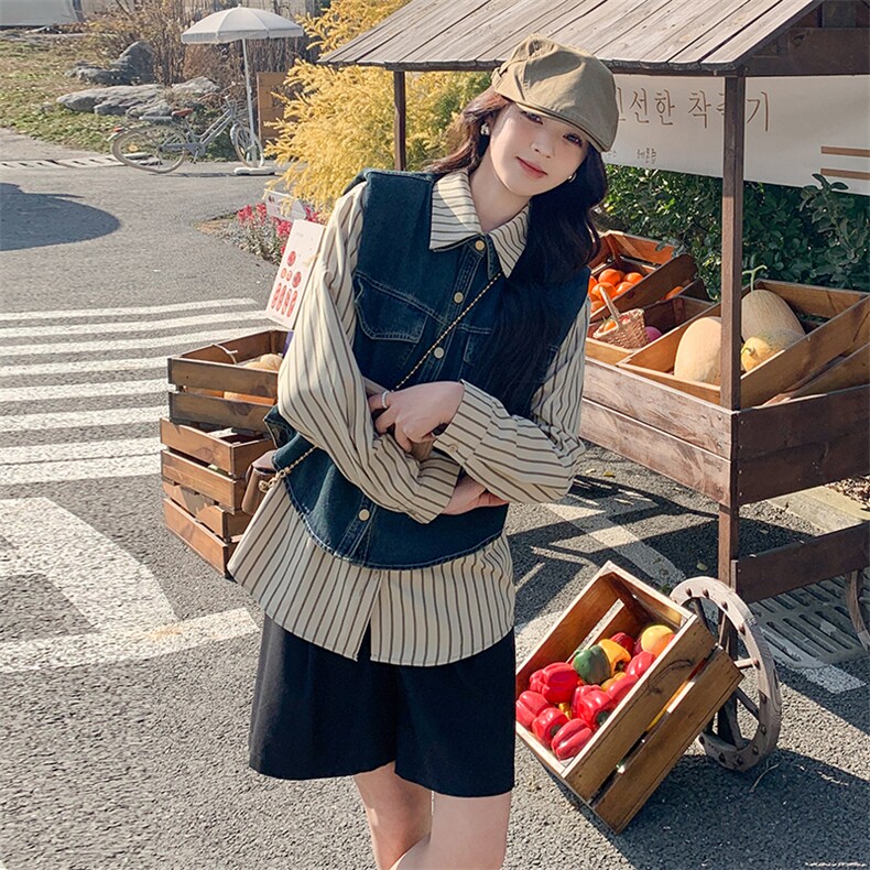 复古牛仔马甲套装女2025年春季新款小个子宽松休闲条纹衬衫两件套图片