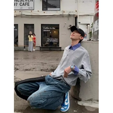 宽松型潮青少年常规秋季假两件小众设计感拼接灰色卫衣男长袖潮流，男装卫衣，星座410-7