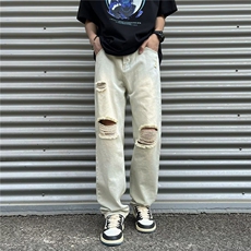 23港风夏季新款大码宽松时尚休闲破洞牛仔裤CK1613-P40，男装牛仔裤，星座1109-3