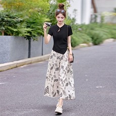 新中式套装女2025夏季新款不规则盘扣t恤印花阔腿裙裤两件套，女装套装/套裙，关键词