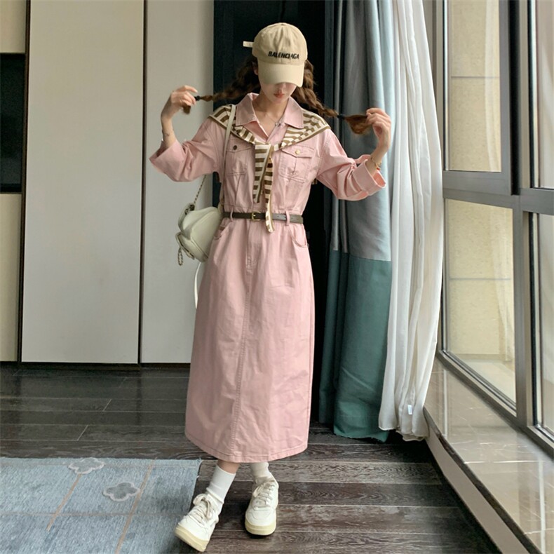 粉色条纹拼接披肩连衣裙女2026秋季新款182-8569-P135-K188，女装连衣裙，帛香坊