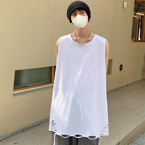 2025夏季马甲美式大码男双纱重磅破洞情侣无袖汗背心T264/P35控55图片