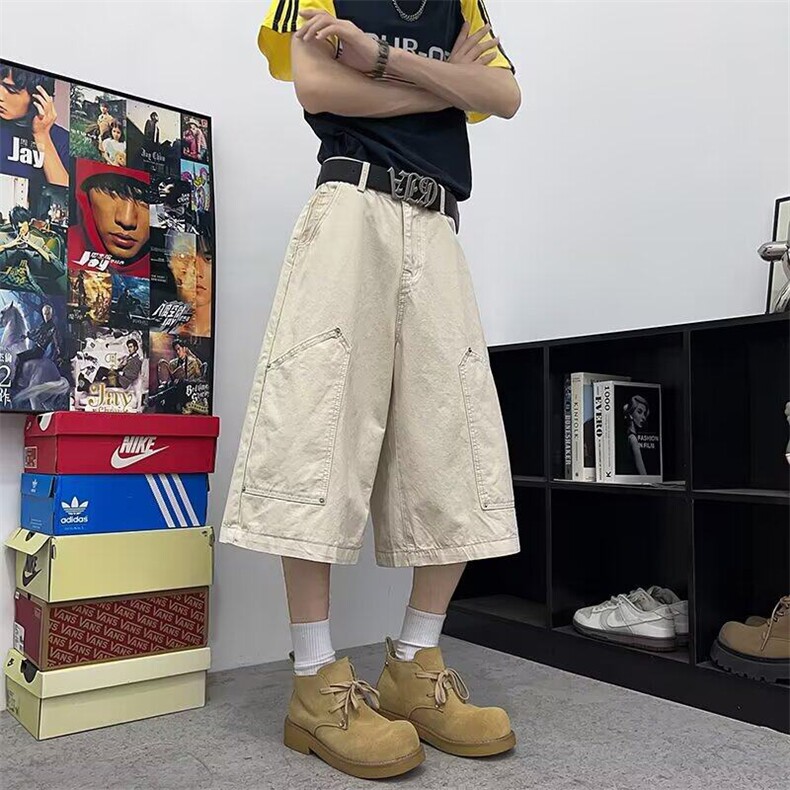 2025夏季铆钉七分工装裤男女情侣设计感阔腿裤过膝牛仔中裤DK101,男装牛仔裤,星座601-1