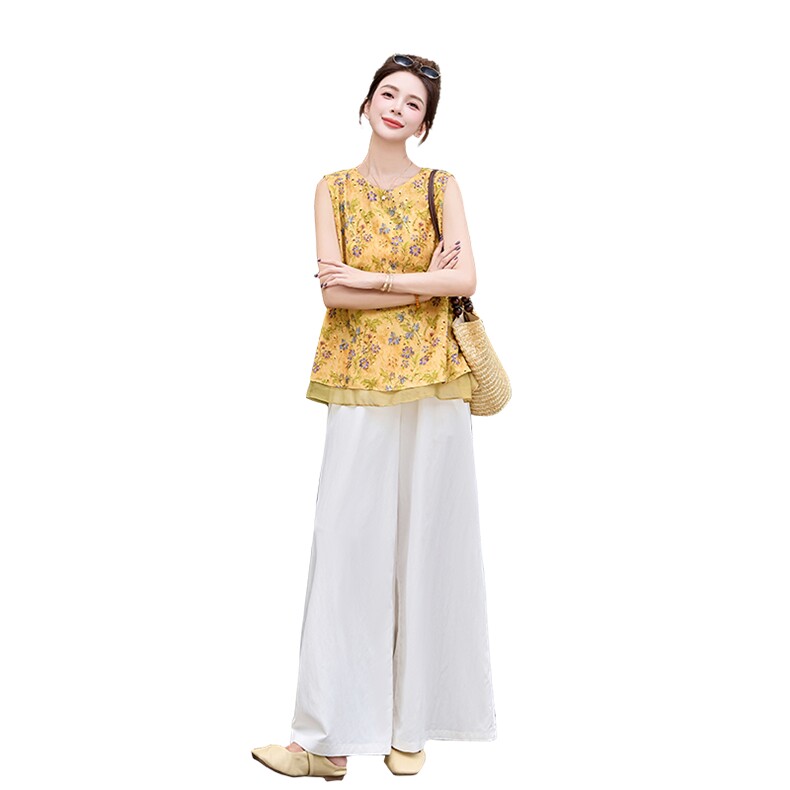 高级感刺绣印花套装女2025夏新款巨好看无袖背心衬衫阔腿裤两件套,女装套装/套裙,维一诺（1D095）