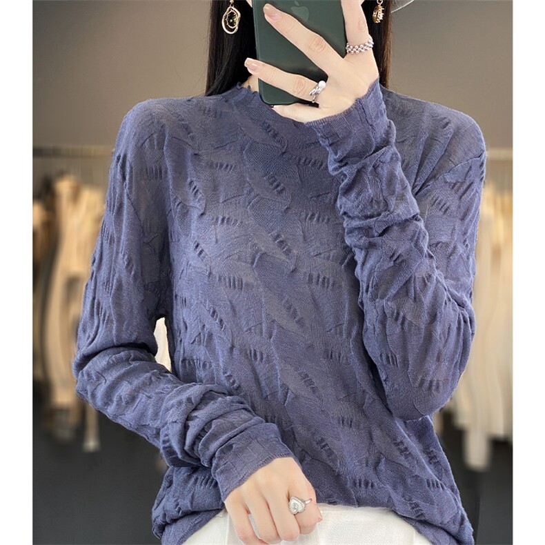 2025早秋新款圆领立体提花精纺羊毛长袖衫女褶皱气质柔软针织小衫,女装羊毛衫,片语羊绒