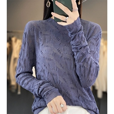 2025早秋新款圆领立体提花精纺羊毛长袖衫女褶皱气质柔软针织小衫，女装羊毛衫，片语羊绒