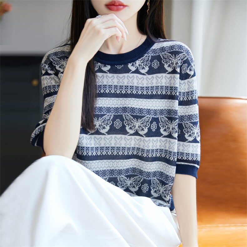 提花条纹莱塞尔针织V领短袖T恤圆领套头女25凉感舒适宽松显瘦上衣,针织衫/毛衣,大美人高端店