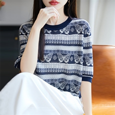 提花条纹莱塞尔针织V领短袖T恤圆领套头女25凉感舒适宽松显瘦上衣，女装针织衫/毛衣，大美人高端店