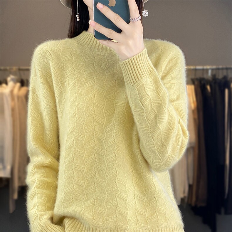 半高领提花100%纯羊毛衫女秋冬款加厚针织毛衣打底羊绒衫宽松上衣，女装羊毛衫，鸿陌羊绒