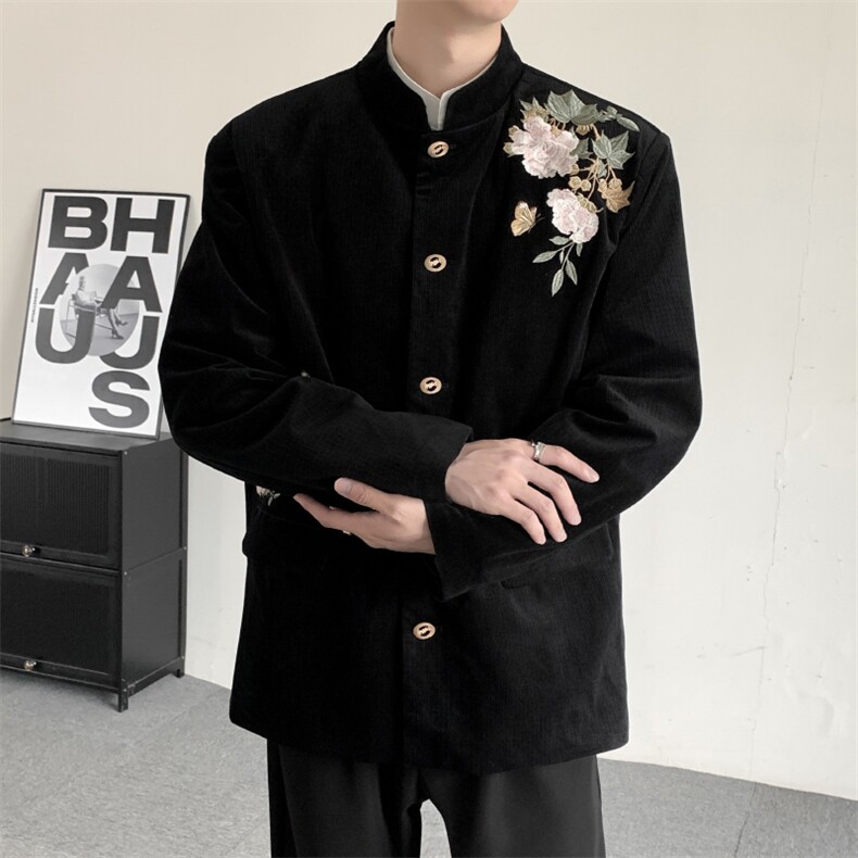 春秋新中式立领黑色牡丹蝴蝶刺绣金属扣西服男女同款休闲外套图片