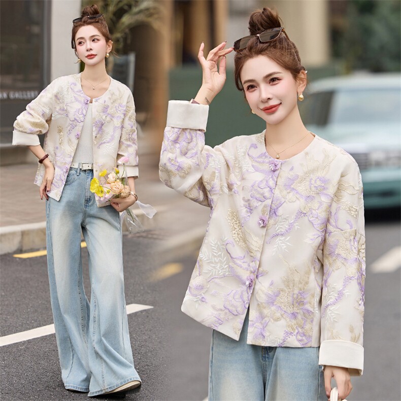 2025春夏季新款紫色重工刺绣提花蕾丝防晒衣新中式国风短款外套女，女装短外套，伊仟回