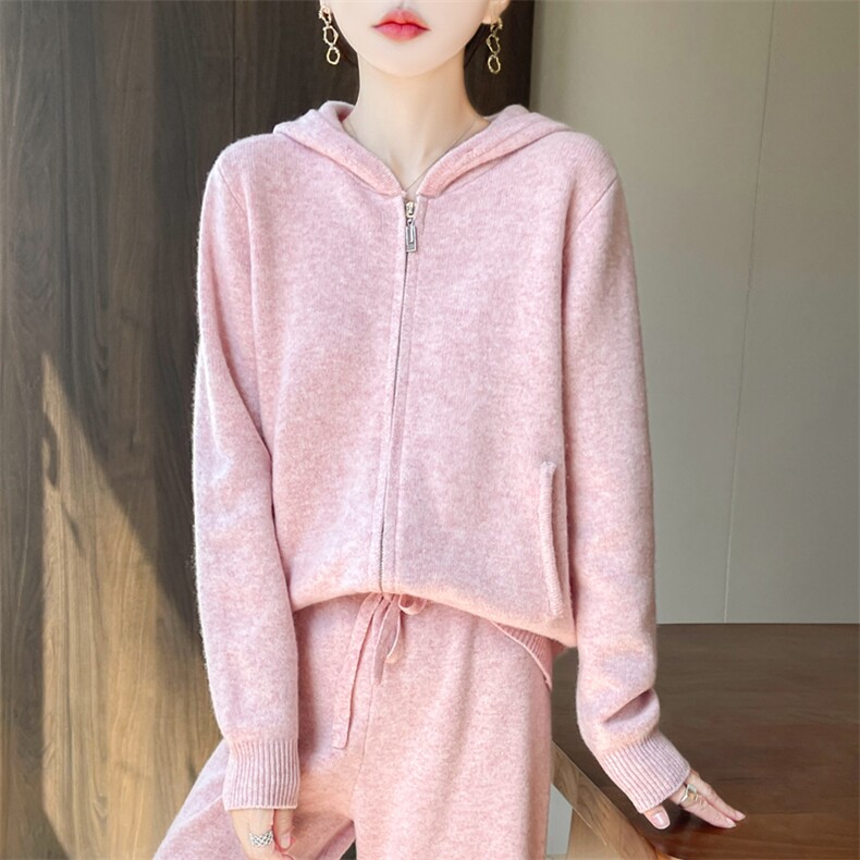 2025年秋季新款百搭拉链口袋开衫帽衫，女装羊毛衫，隆格羊绒