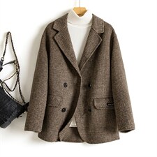 现货精品通勤品牌外贸咖啡色欧美风秋冬新款双面羊毛格子西装外套，女装双面呢大衣，丝露怡语