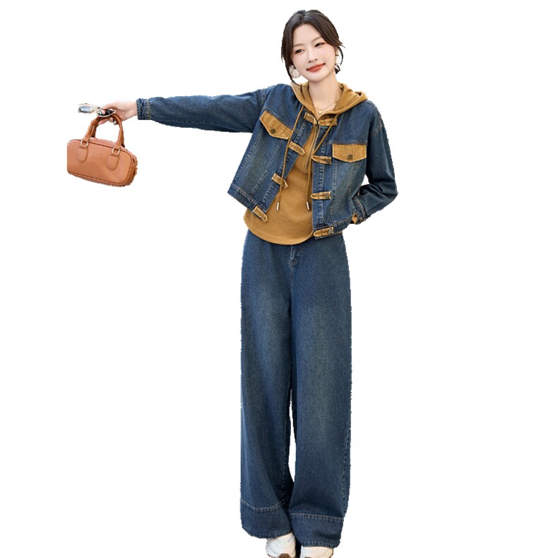 复古盘扣牛仔套装裤2025春秋新款女减龄休闲宽松卫衣阔腿裤三件套,女装套装/套裙,关键词