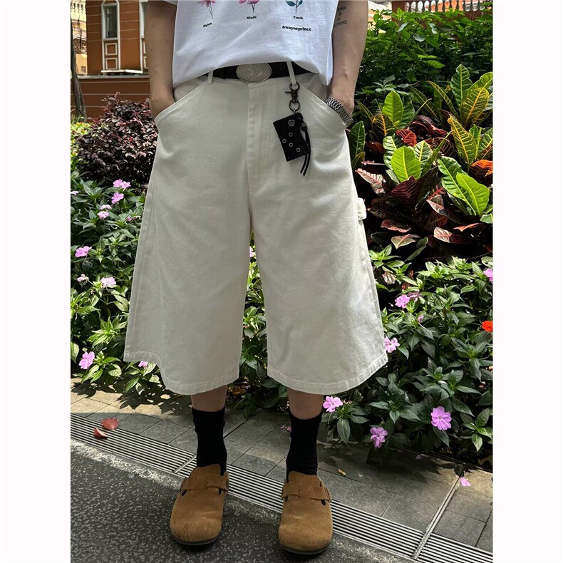 白色牛仔短裤男潮流韩版纯色休闲七分裤直筒宽松百搭阔腿中裤,男装牛仔裤,星座410-7
