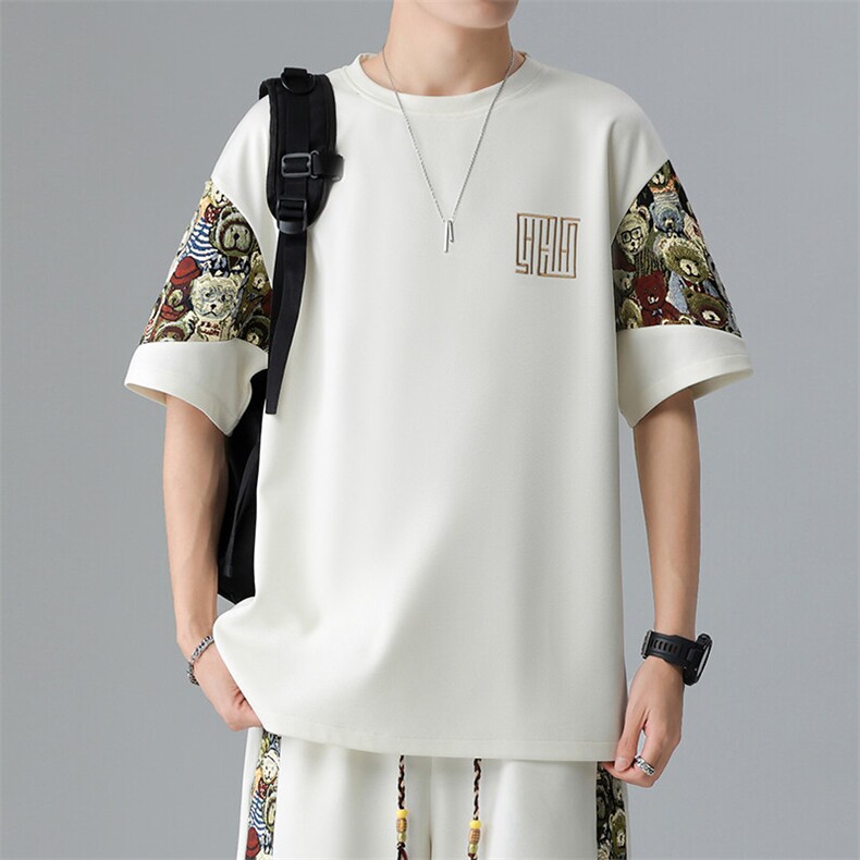 男士刺绣T恤圆领夏季宽松拼接小熊宽松大码体恤潮A266-T188-P22,男装T恤,电商A266