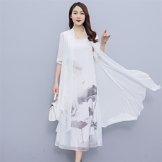 夏季新款文艺古典复古民族风宽松印花无袖长款套头背心连衣裙女装，女装连衣裙，秀美人生