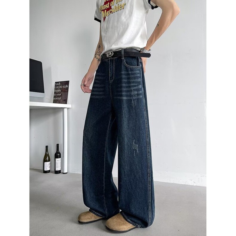 大码女装2025春季新款高腰弯刀工装牛仔裤胖mm宽松显瘦直筒阔腿裤,女装休闲裤,星座218-8