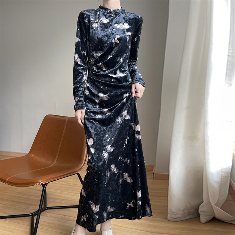 连衣裙女秋季新款潮流时尚金丝绒立领改良旗袍,女装连衣裙,圣丽羊绒