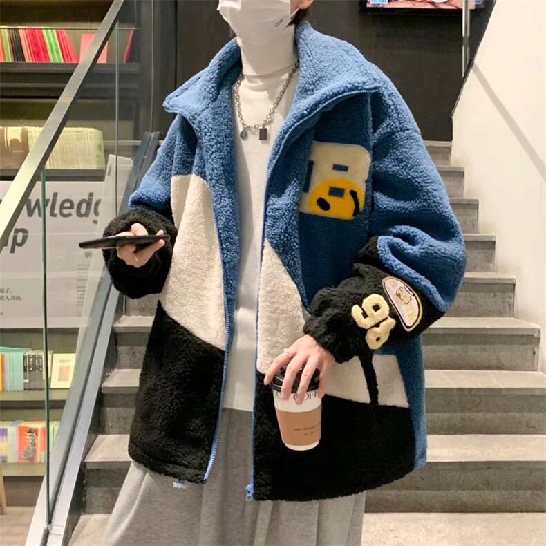 港风宽松潮流秋冬季加厚羊羔绒外套男拼色棉袄棉服W2370-P52,男装棉衣,星座512-2