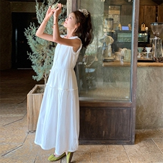 白色V领无袖背心连衣裙女2025夏季新款超好看度假风绝美初恋长裙，女装连衣裙，浙宝305