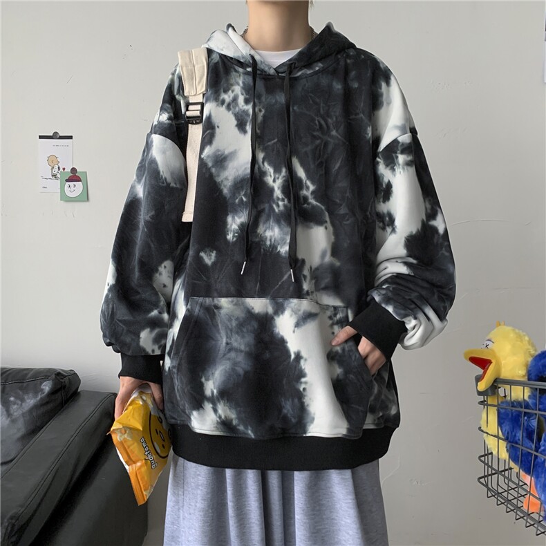 秋冬港风扎染连帽卫衣外套套头中性风ins潮学生宽松休闲H205/P65,男装卫衣,钱塘713