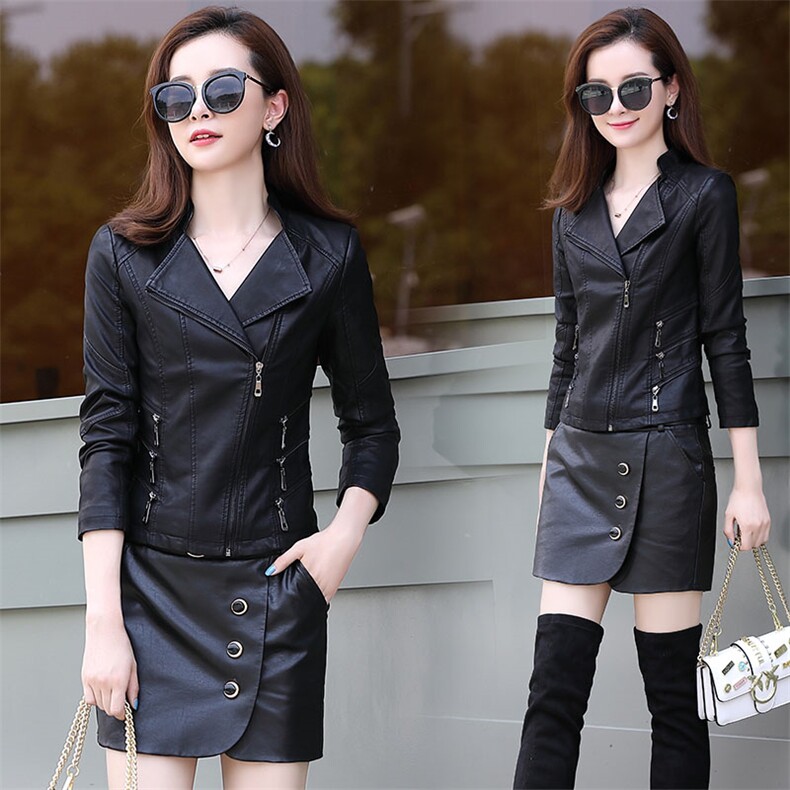 潮流拼接休闲皮衣PU拉链V领纯色2021年秋季气质，女装皮衣，阿菲诺依