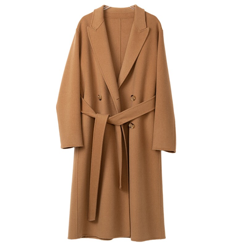 秋冬季羊毛休闲气质通勤经典V领腰带长款双面呢大衣，女装双面呢大衣，彬斯双面尼