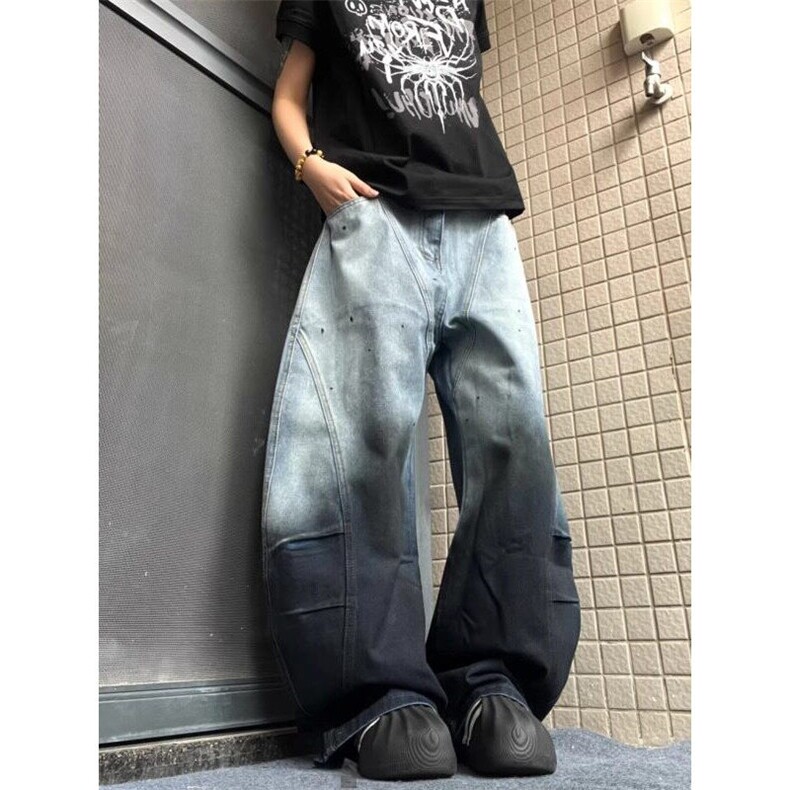 街头个性泼墨渐变弯刀牛仔裤高街无性别宽松阔腿拖地裤N122-P58,男装牛仔裤,星座1001-1