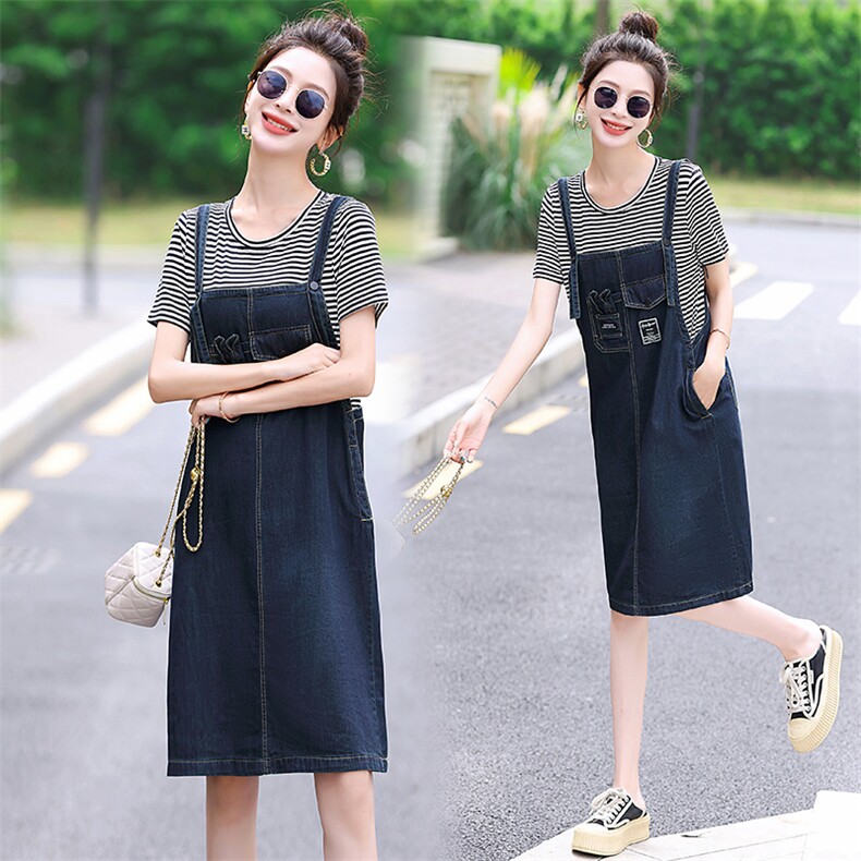 夏季小个子休闲连衣裙假两件时尚背带洋气收腰显瘦女牛仔新款裙子，女装连衣裙，超帛