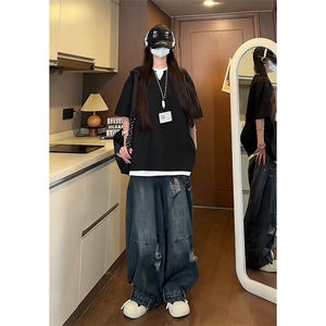 A2011TP30控55-夏季新款2025美式复古双层V领假两件拼接短袖T恤男图片